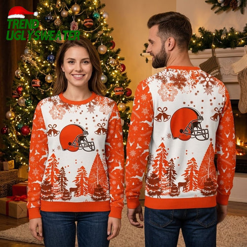 Cleveland Browns Football Helmet Snowflakes And Christmas Trees Ugly Christmas Sweater