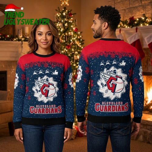 Cleveland Guardians Winged Baseball Santa Sleigh Ugly Christmas Sweater
