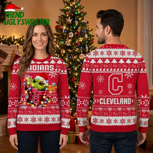 Cleveland Indians Baby Yoda Christmas Lights Ugly Christmas Sweater