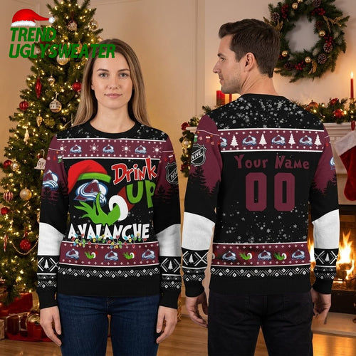 Colorado Avalanche Grinch Drink Up Custom Name And Number Ugly Christmas Sweater