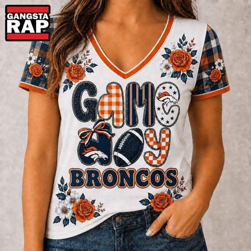 Denver Broncos NFL Football Flowers Team Pride V Neck T Shirt