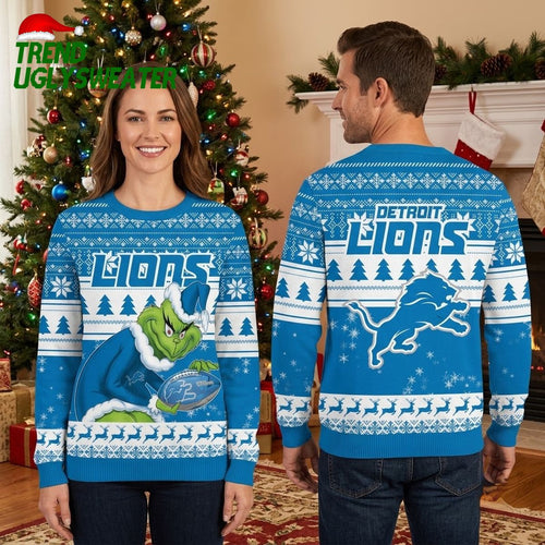 Detroit Lions Grinch Holding Football Ugly Christmas Sweater