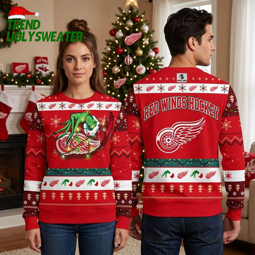 Detroit Red Wings Grinch Hand Christmas Lights Ugly Christmas Sweater