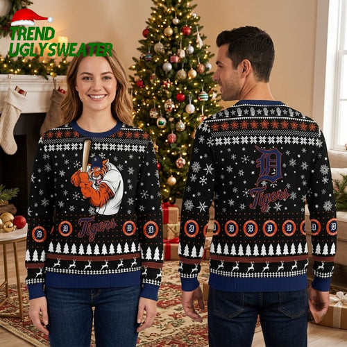 Detroit Tigers Swinging Tiger Baseball Mascot Ugly Christmas Sweater