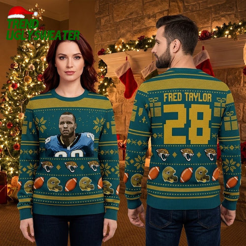 Fred Taylor 28 Jacksonville Jaguars Football Player Ugly Christmas Sweater