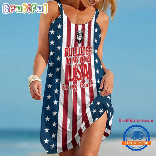 Georgia Bulldogs In My Veins USA In My Heart Independence Day Women’s Summer Beach Sling Dress