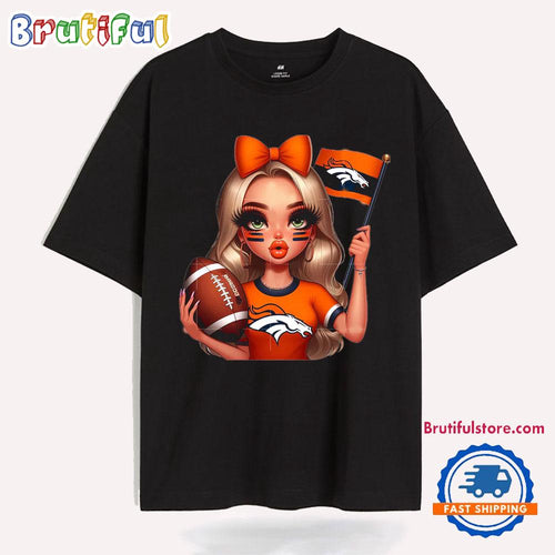 Girl Hold Flag Cheer Football Team Win Super Bowl Denver Broncos T Shirt