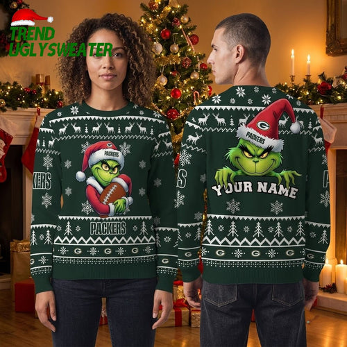 Green Bay Packers Grinch Football Custom Name Ugly Christmas Sweater
