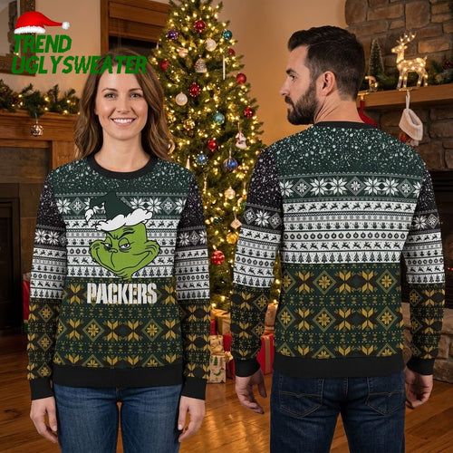 Green Bay Packers Grinch Santa Hat Packers Text Ugly Christmas Sweater