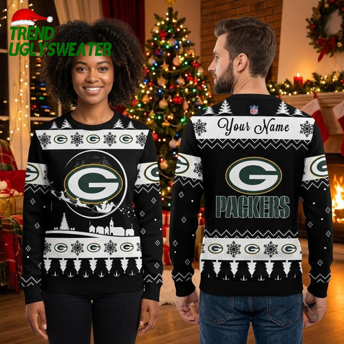 Green Bay Packers Santa Sleigh Custom Name Ugly Christmas Sweater