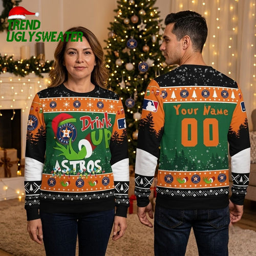 Houston Astros Drink Up Grinch Personalized Custom Name And Number Ugly Christmas Sweater
