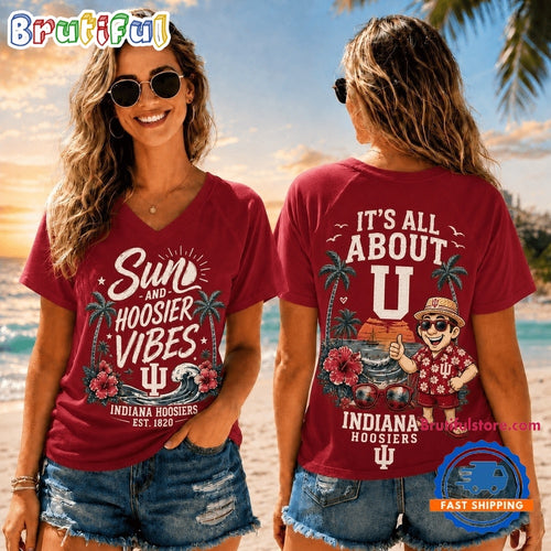 Indiana Hoosiers NCAA Sunset and Beach Vibes V neck T Shirt