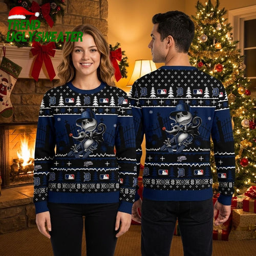 Jack Skellington Detroit Tigers Logo Ugly Christmas Sweater