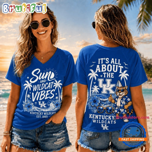 Kentucky Wildcats NCAA Sunset and Beach Vibes V neck T Shirt