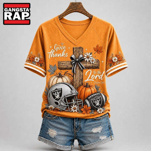 Las Vegas Raiders NFL Thanksgiving Faith And Football V Neck T Shirt