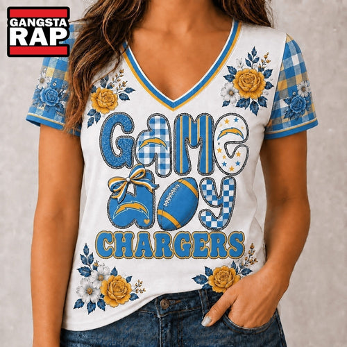 Los Angeles Chargers NFL Football Flowers Team Pride V Neck T Shirt
