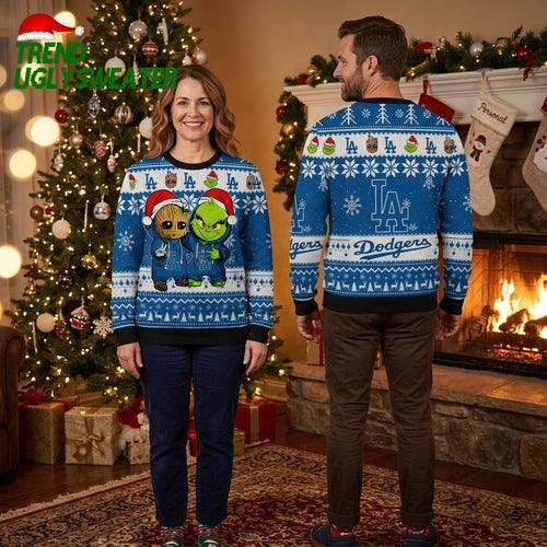 Los Angeles Dodgers Baby Groot And Grinch Santa Hat Ugly Christmas Sweater