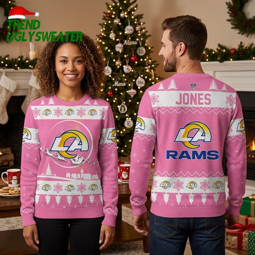 Los Angeles Rams Custom Name Christmas Logo Pink Ugly Christmas Sweater