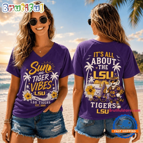 LSU Tigers NCAA Sunset and Beach Vibes V neck T Shirt