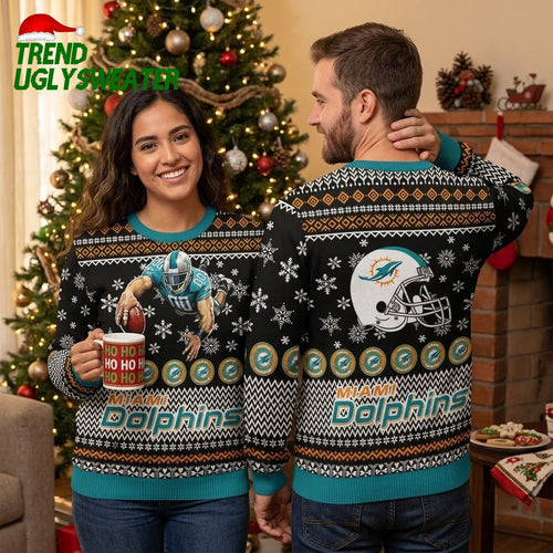 Miami Dolphins Player Catching Football Ugly Christmas Sweater