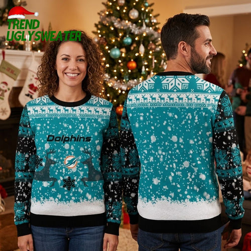 Miami Dolphins Reindeer Pattern Ugly Christmas Sweater Design