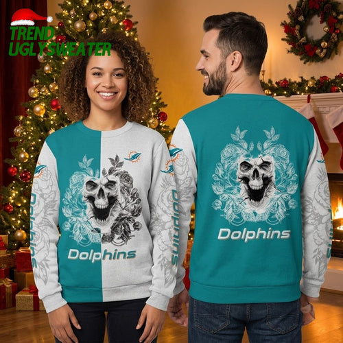 Miami Dolphins Skull Floral Design Ugly Christmas Sweater