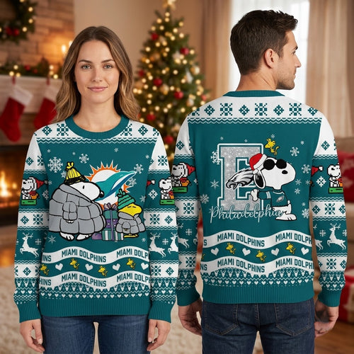 Miami Dolphins Snoopy And Woodstock Winter Coat Ugly Christmas Sweater