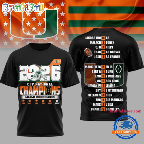 Miami Hurricanes NCAA 2026 CFP Champions Black 3D Shirt