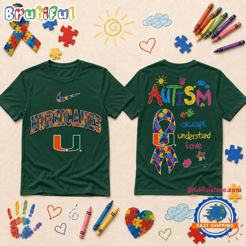 Miami Hurricanes NCAA Autism Awareness Puzzle Ribbon T Shirt