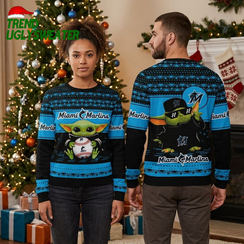 Miami Marlins Baby Yoda Holding Baseball Ugly Christmas Sweater