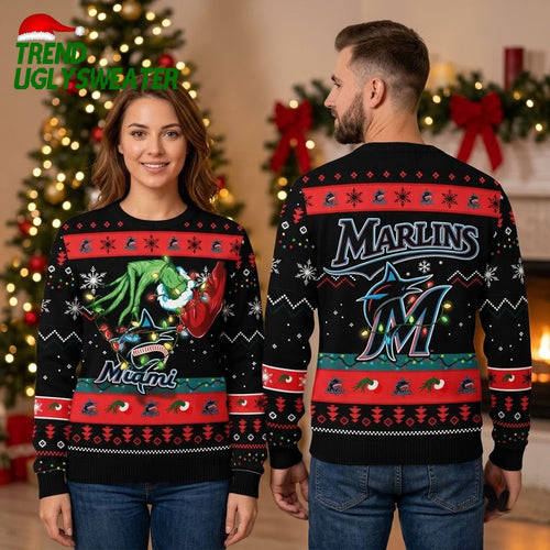 Miami Marlins Grinch With Festive Lights Ugly Christmas Sweater