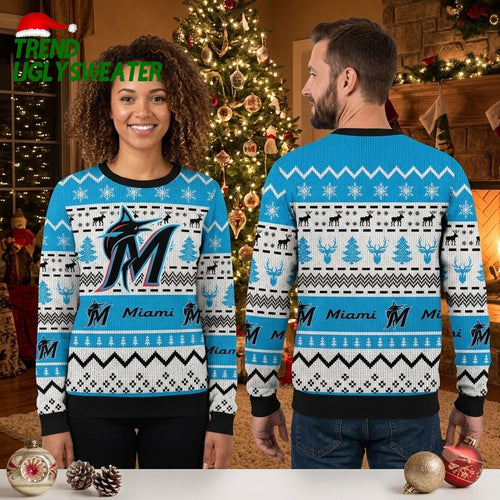 Miami Marlins Logo Snowflake Reindeer Pattern Ugly Christmas Sweater