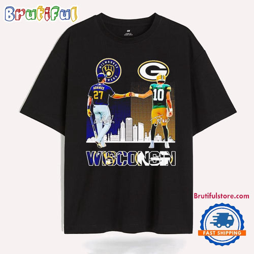Milwaukee Brewers Adames and Green Bay Packers Love Wisconsin City Skyline T Shirt