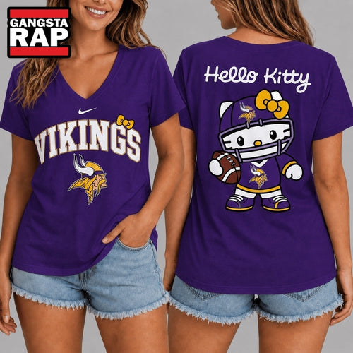 Minnesota Vikings NFL Hello Kitty Football V Neck T Shirt