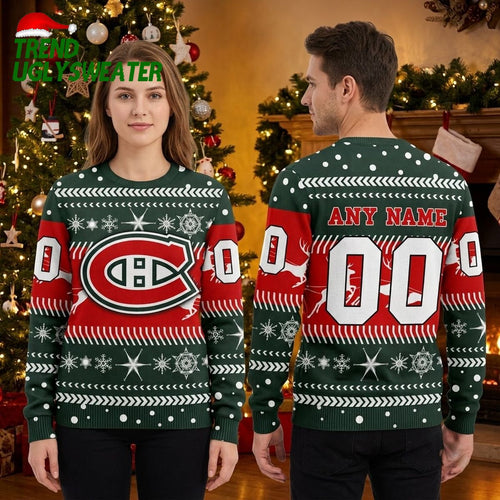 Montreal Canadiens Logo Snowflake Personalized Custom Name And Number Ugly Christmas Sweater
