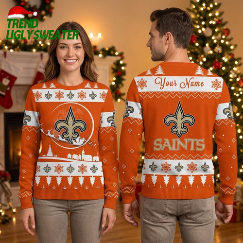 New Orleans Saints Fleur De Lis Custom Name Orange Ugly Christmas Sweater