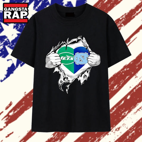 New York Jets and North Carolina Tar Heels mashup heart with Superman chest rip T Shirt