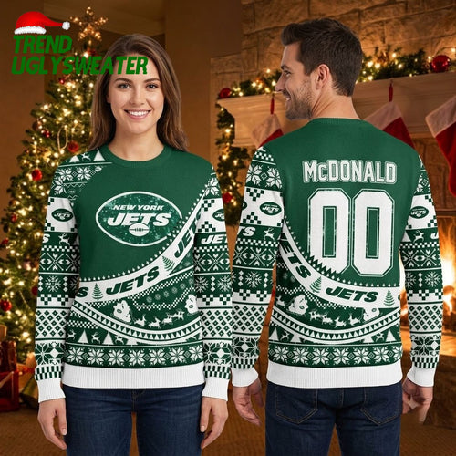 New York Jets Custom Name And Number Snowflake Pattern Ugly Christmas Sweater