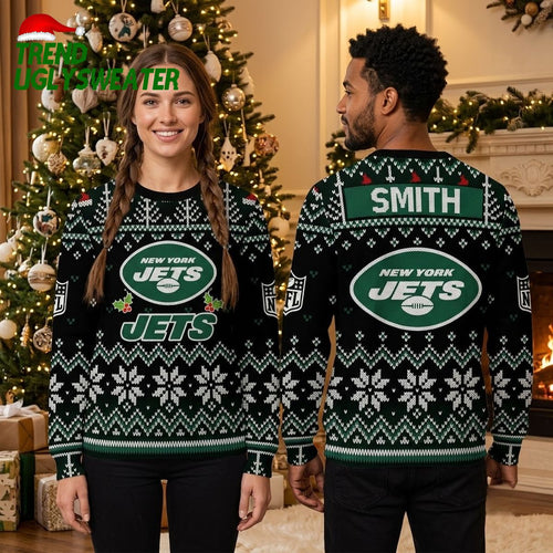 New York Jets Custom Name Snowflake Ugly Christmas Sweater