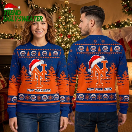 New York Mets Santa Hat Logo And Christmas Trees Ugly Christmas Sweater