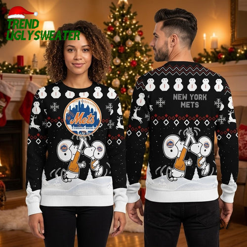 New York Mets Snoopy And Woodstock Playing Baseball Black Ugly Christmas Sweater