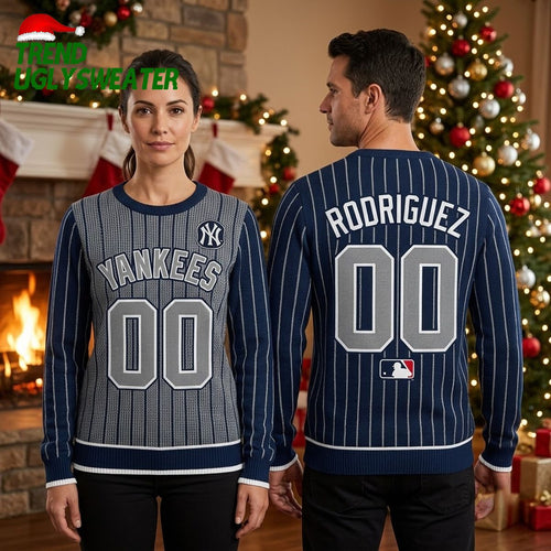 New York Yankees Custom Name And Number Navy Blue Ugly Christmas Sweater