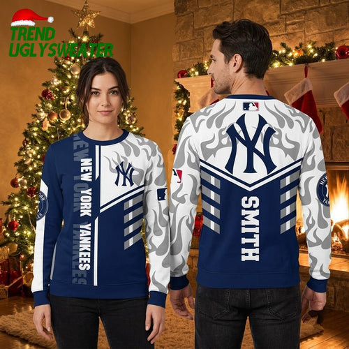New York Yankees Flaming Logo Custom Name Ugly Christmas Sweater