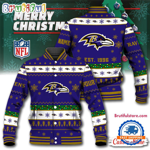 NFL Baltimore Ravens Snow Xmas Tree Christmas Custom Baseball Jacket