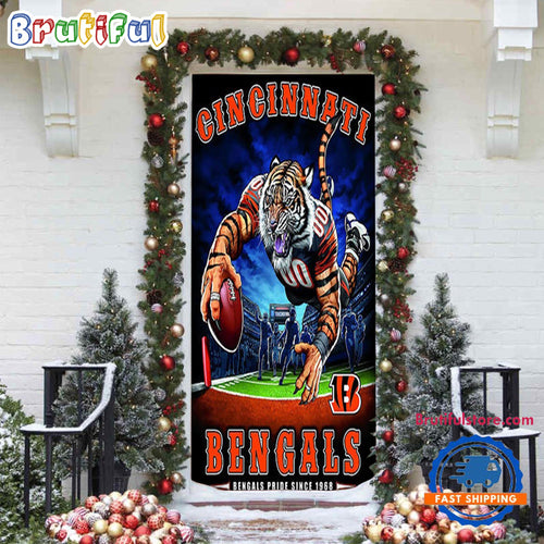 NFL Cincinnati Bengals Mascot Football Christmas Door Cover, Football Xmas Door Cover