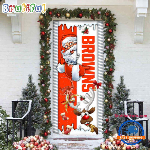 NFL Cleveland Browns Santa Reindeer Merry Christmas Door Cover, Football Christmas Home Decor