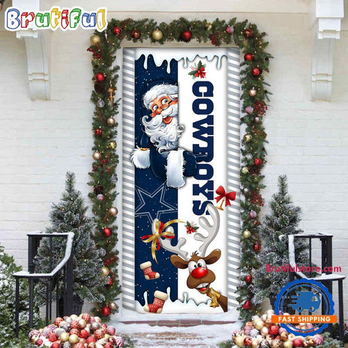 NFL Dallas Cowboys Santa Reindeer Merry Christmas Door Cover, Football Christmas Home Decor