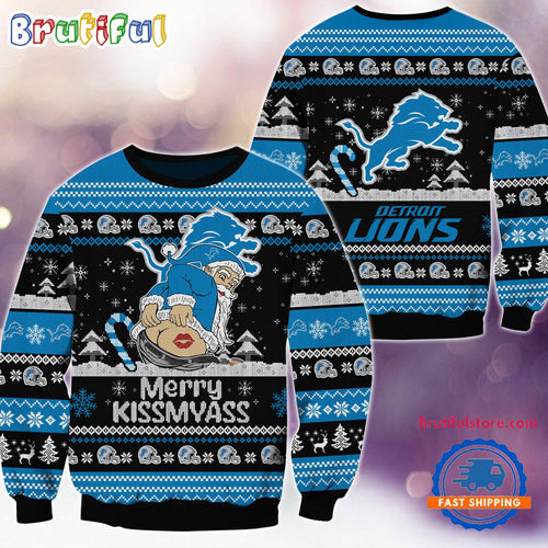 Detroit Lions NFL 2024 Merrykissmyass Funny Santa Claus Christmas Ugly Sweater