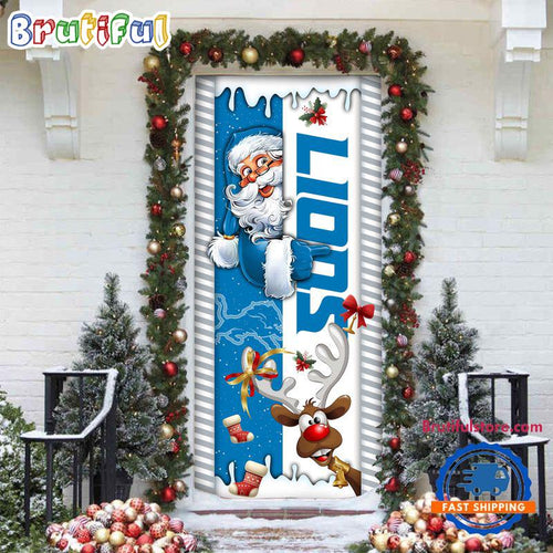 NFL Detroit Lions Santa Reindeer Merry Christmas Door Cover, Football Christmas Home Decor