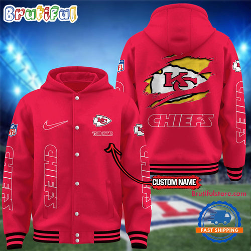 NFL Kansas City Chiefs Football New Season Design Hooded Baseball Jacket, Custom Name Sport Jacket
